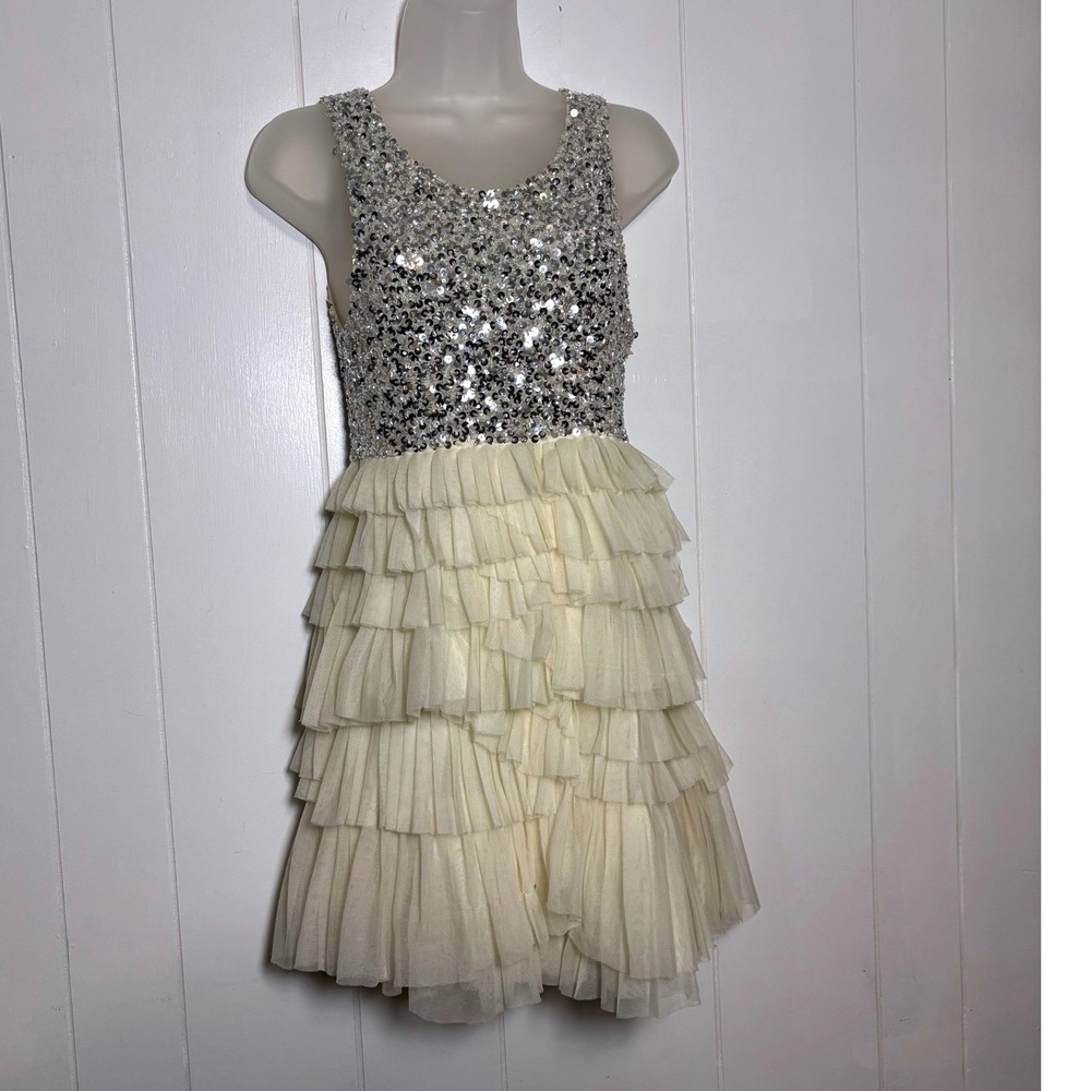 Alice + Olivia Silver Sequin Tiered Mini Dress Tulle Ruffle Ivory Sleeveless S